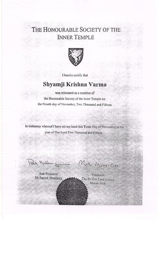 SHYAMAJI'S NEW REINSTATEMENT CERTIFICATE FROM TEMPLE INN 